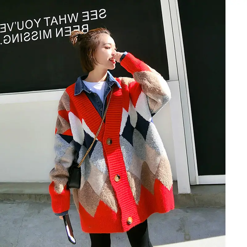 Women's Plaid Knit Coat Mid Length Winter Casual - Image 9