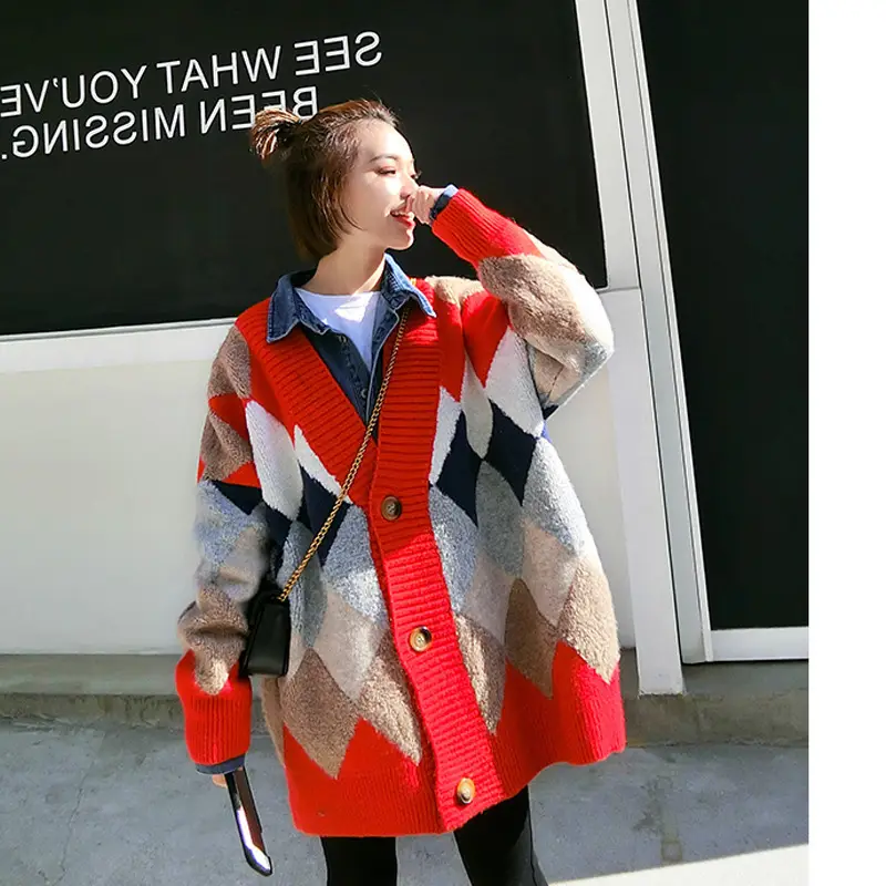 Women's Plaid Knit Coat Mid Length Winter Casual - Image 3