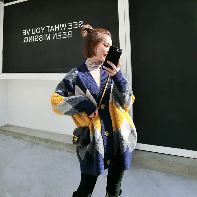 Women's Plaid Knit Coat Mid Length Winter Casual - Image 4