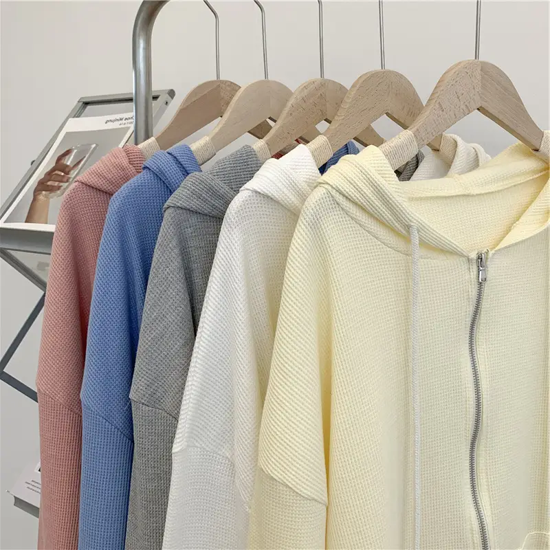 Women Waffle Zipper Hoodie Grey 2022 - Image 7