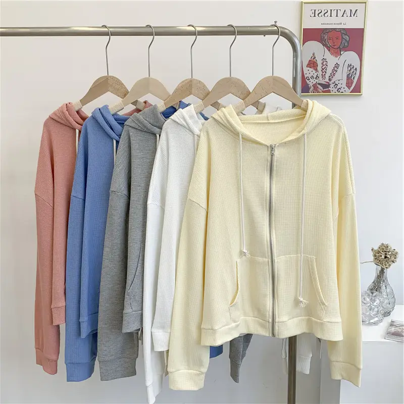 Women Waffle Zipper Hoodie Grey 2022 - Image 8