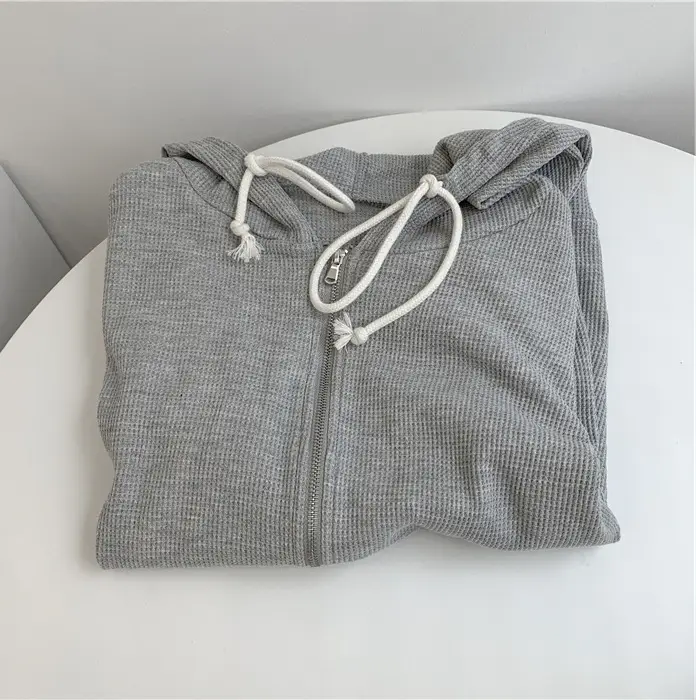 Women Waffle Zipper Hoodie Grey 2022 - Image 3
