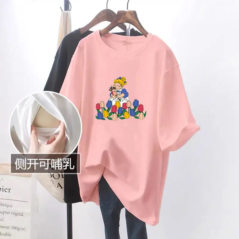 Pink Cartoon Breastfeeding Top Mid-Length Short Sleeve — feature 9