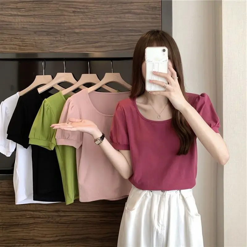 Women Puff Sleeve T-Shirt Summer 2025 Low Round Neck Slim Fit - Image 6