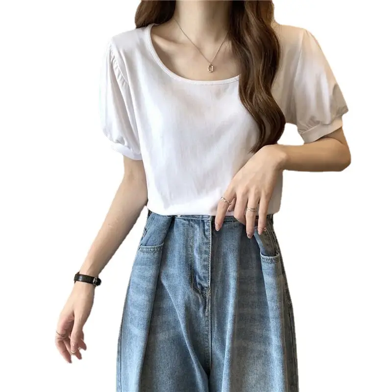 Women Puff Sleeve T-Shirt Summer 2025 Low Round Neck Slim Fit - Image 8