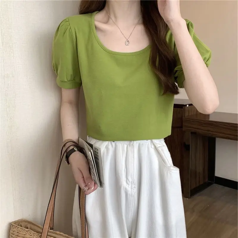 Women Puff Sleeve T-Shirt Summer 2025 Low Round Neck Slim Fit — feature 10