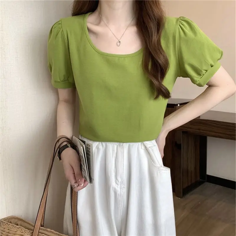 Women Puff Sleeve T-Shirt Summer 2025 Low Round Neck Slim Fit — feature 11