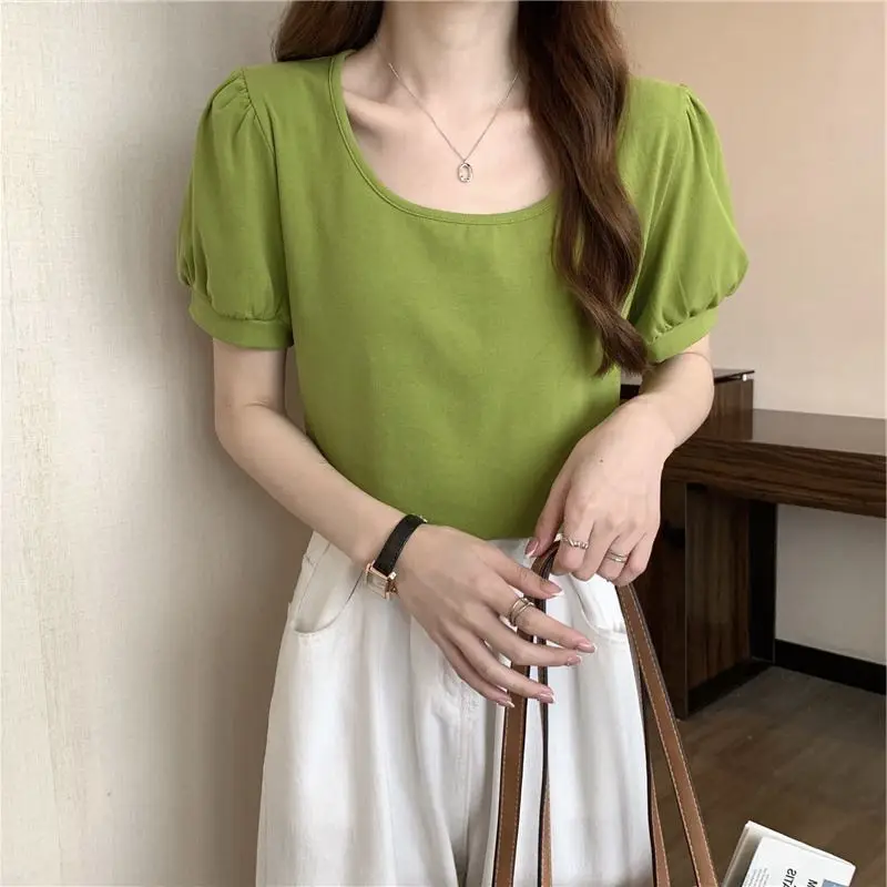 Women Puff Sleeve T-Shirt Summer 2025 Low Round Neck Slim Fit — feature 12