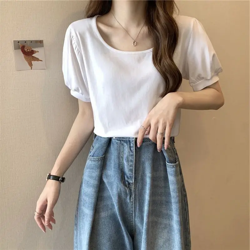 Women Puff Sleeve T-Shirt Summer 2025 Low Round Neck Slim Fit — feature 14