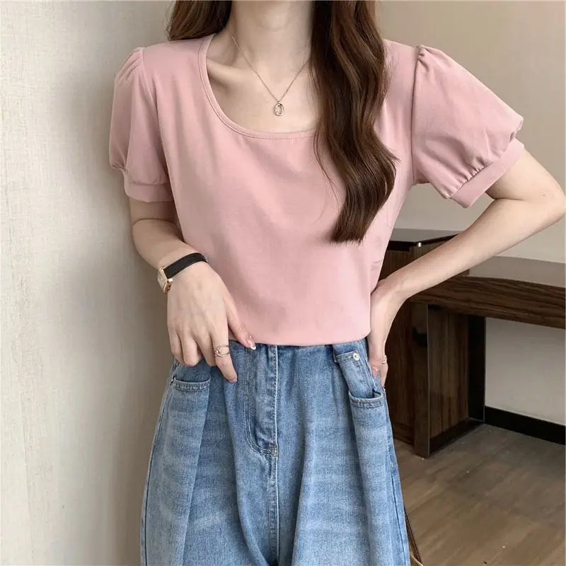 Women Puff Sleeve T-Shirt Summer 2025 Low Round Neck Slim Fit — feature 17