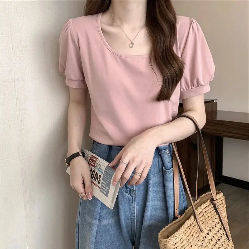 Women Puff Sleeve T-Shirt Summer 2025 Low Round Neck Slim Fit — feature 18