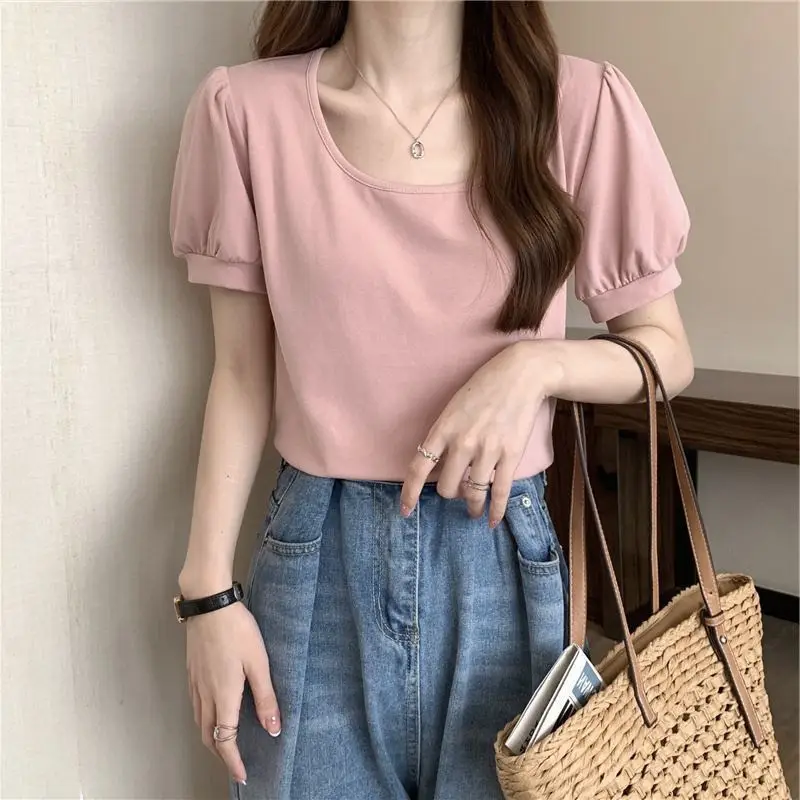 Women Puff Sleeve T-Shirt Summer 2025 Low Round Neck Slim Fit — feature 19