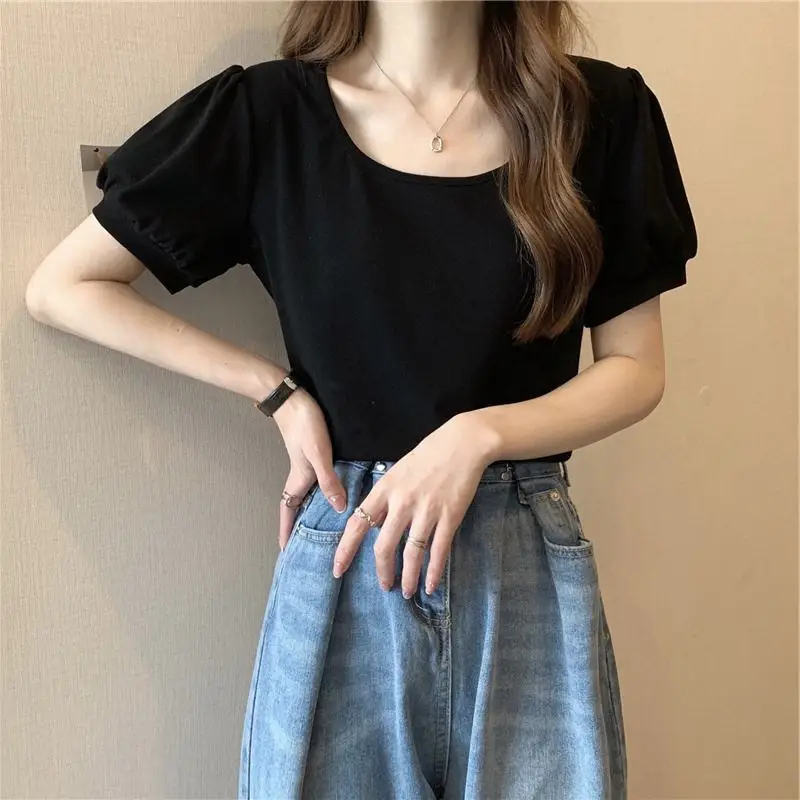 Women Puff Sleeve T-Shirt Summer 2025 Low Round Neck Slim Fit — feature 20