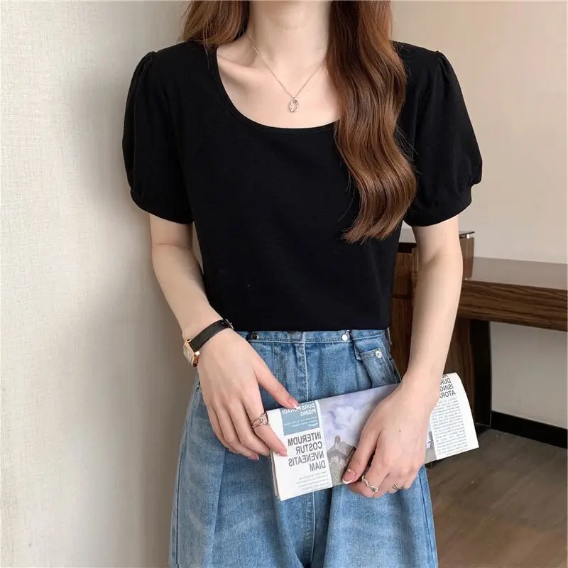 Women Puff Sleeve T-Shirt Summer 2025 Low Round Neck Slim Fit — feature 21