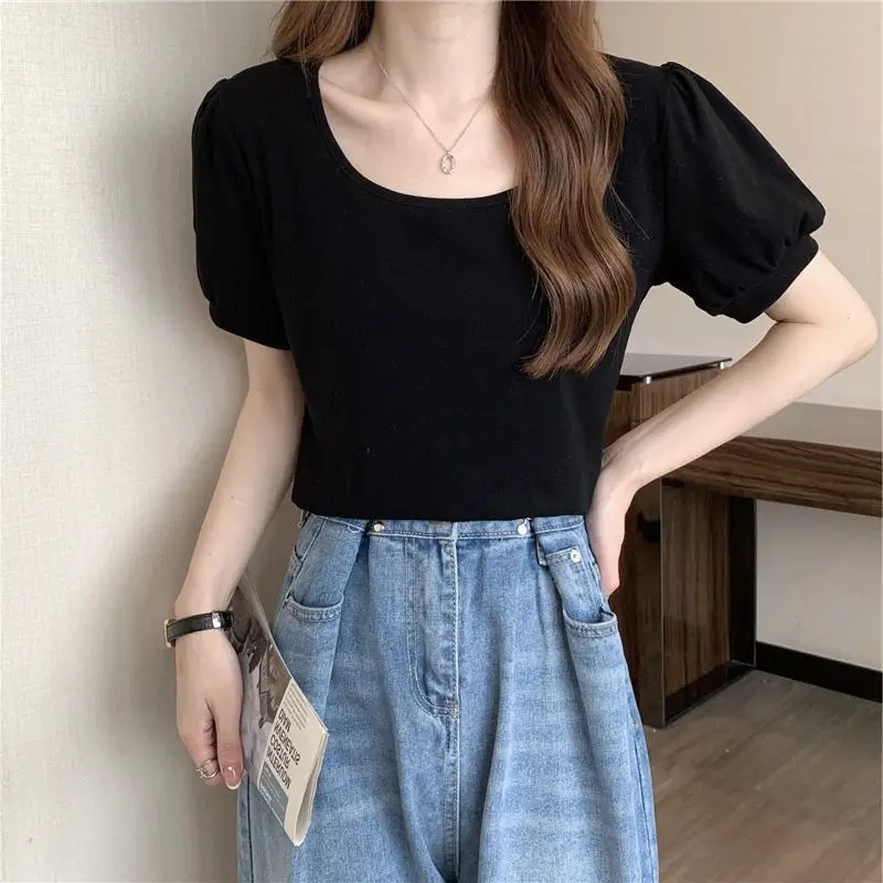 Women Puff Sleeve T-Shirt Summer 2025 Low Round Neck Slim Fit — feature 22