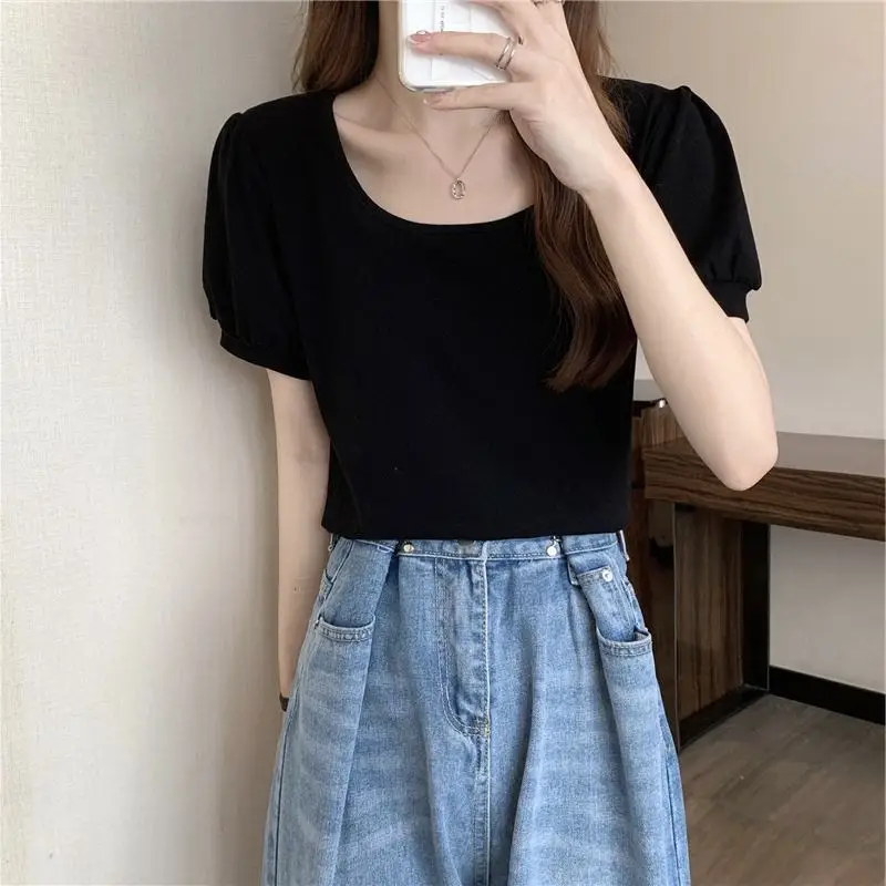 Women Puff Sleeve T-Shirt Summer 2025 Low Round Neck Slim Fit — feature 24