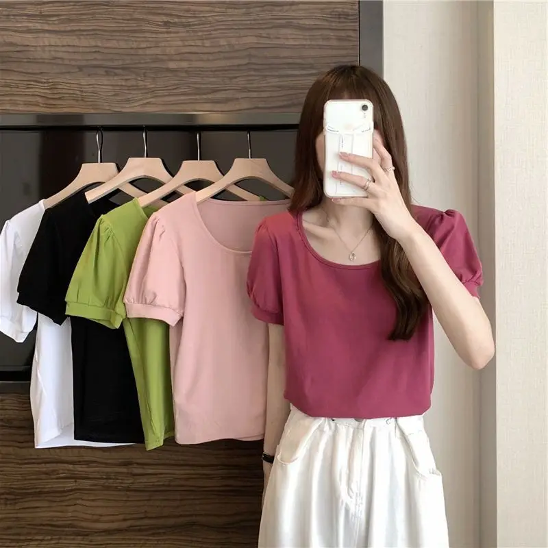 Women Puff Sleeve T-Shirt Summer 2025 Low Round Neck Slim Fit — feature 3