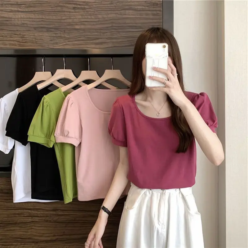 Women Puff Sleeve T-Shirt Summer 2025 Low Round Neck Slim Fit — feature 4