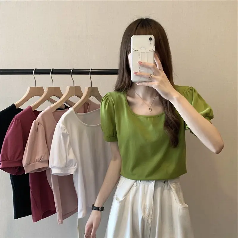Women Puff Sleeve T-Shirt Summer 2025 Low Round Neck Slim Fit — feature 5