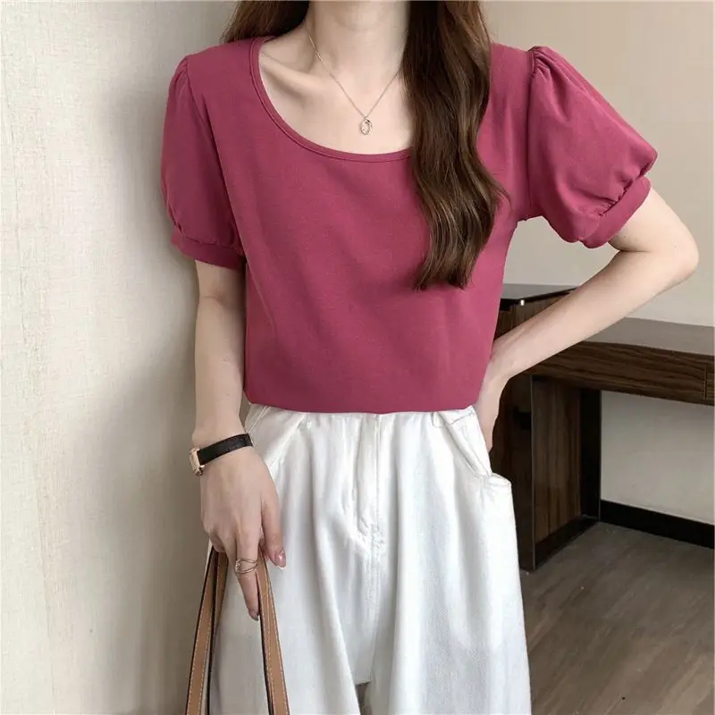 Women Puff Sleeve T-Shirt Summer 2025 Low Round Neck Slim Fit — feature 6
