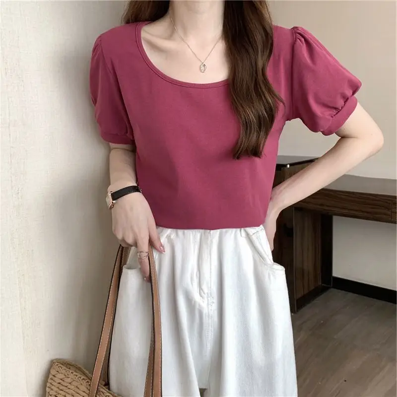 Women Puff Sleeve T-Shirt Summer 2025 Low Round Neck Slim Fit — feature 7