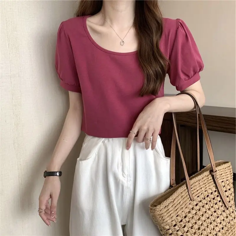 Women Puff Sleeve T-Shirt Summer 2025 Low Round Neck Slim Fit — feature 8