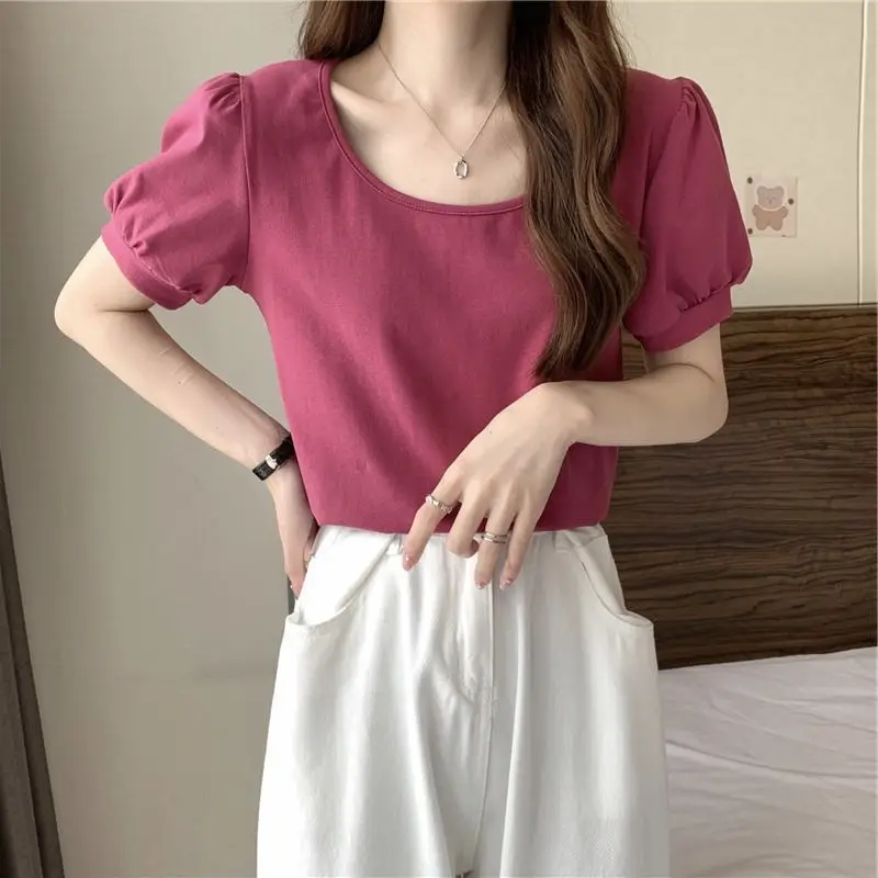 Women Puff Sleeve T-Shirt Summer 2025 Low Round Neck Slim Fit — feature 9