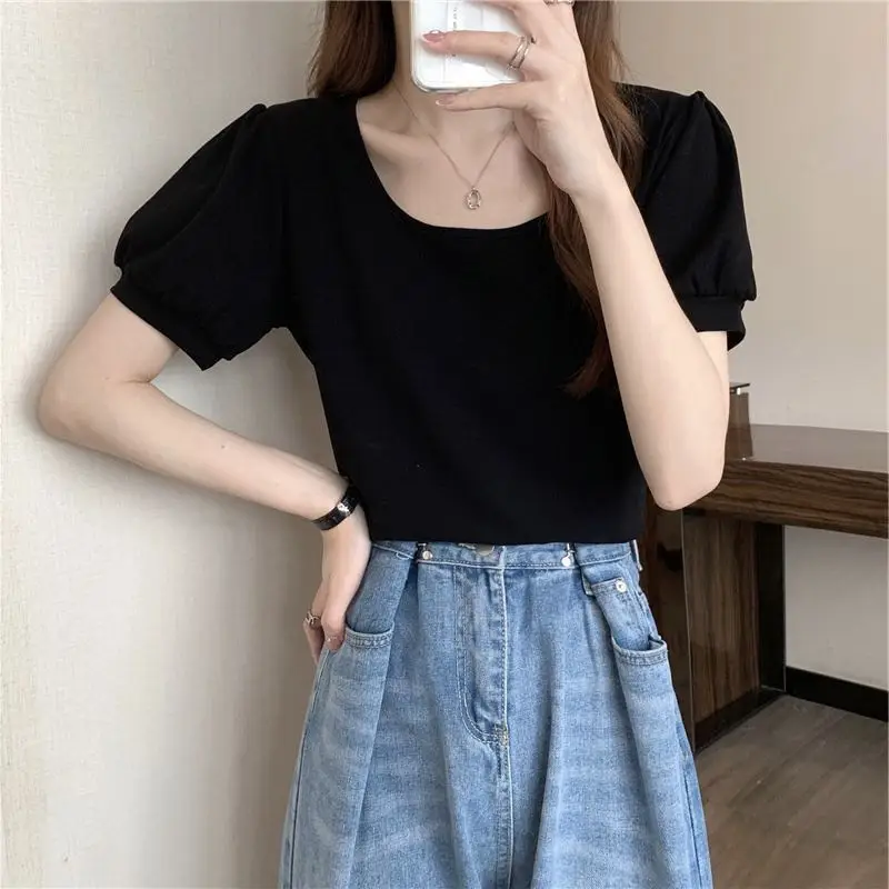 Women Puff Sleeve T-Shirt Summer 2025 Low Round Neck Slim Fit - Image 3