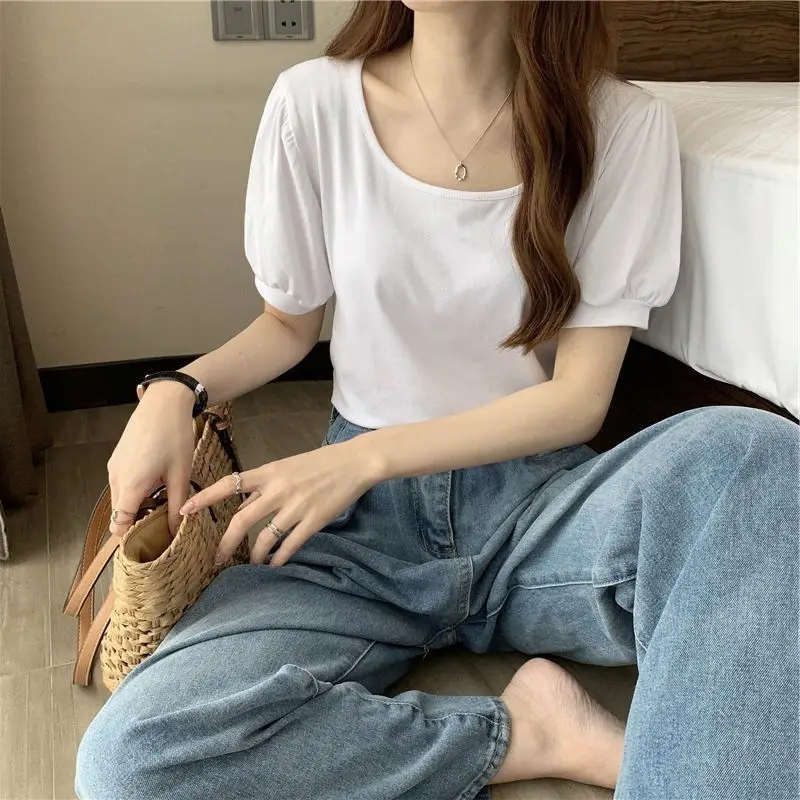 Women Puff Sleeve T-Shirt Summer 2025 Low Round Neck Slim Fit - Image 4