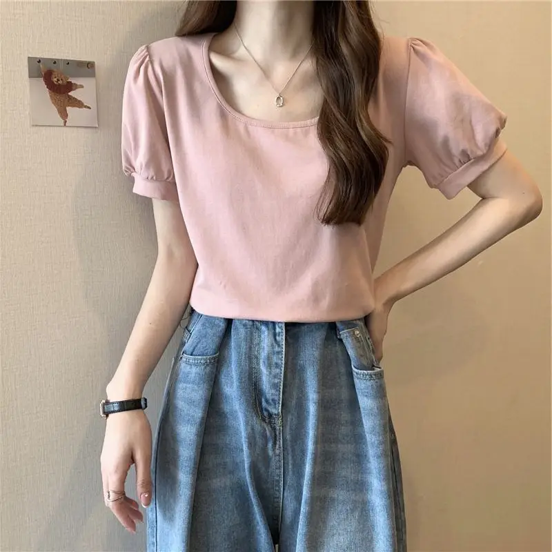 Women Puff Sleeve T-Shirt Summer 2025 Low Round Neck Slim Fit - Image 5