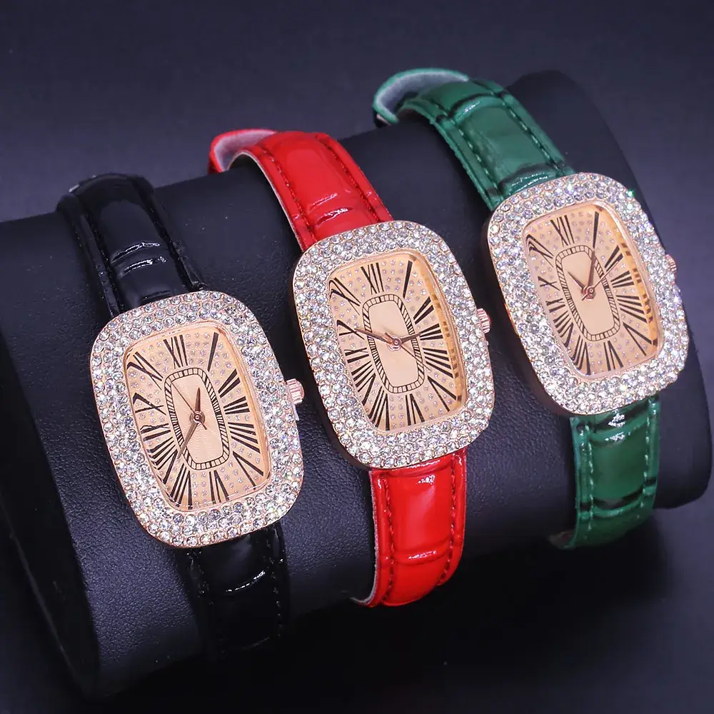 Women's Red Leather Quartz Watch with Diamond Face - Image 4