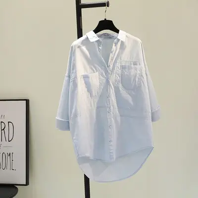 White Korean Style Women's Long Back Shirt with Double Pocket - Image 3