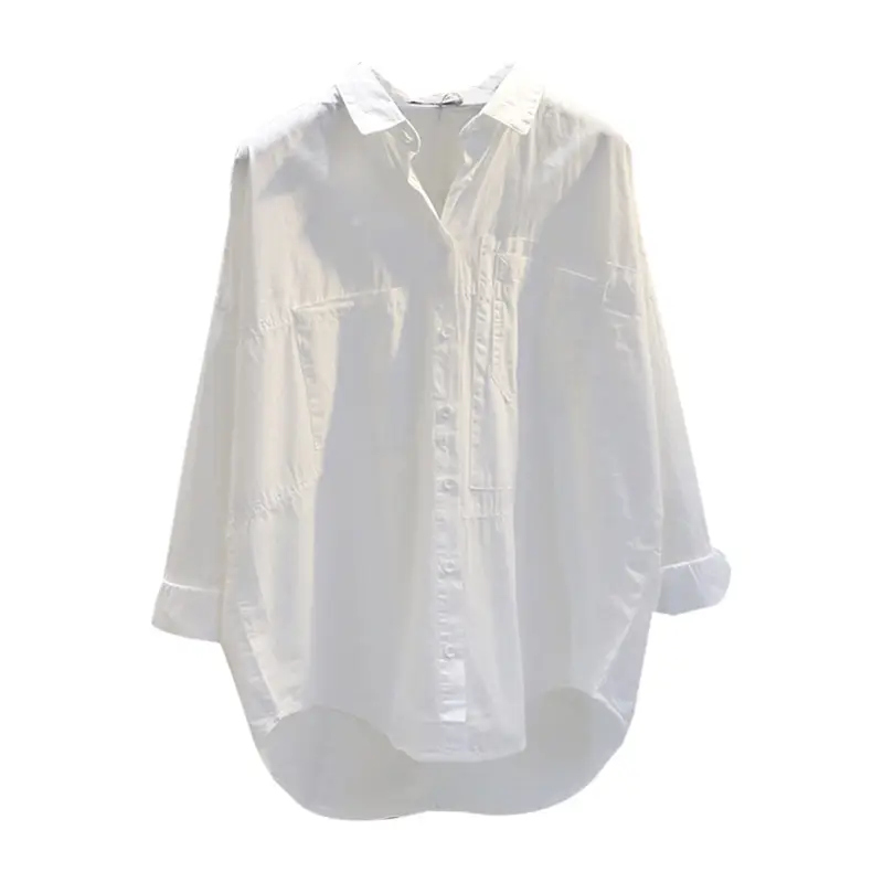 White Korean Style Women's Long Back Shirt with Double Pocket - Image 6