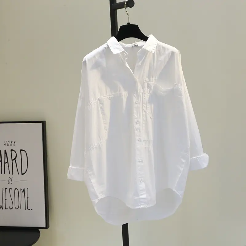 White Korean Style Women's Long Back Shirt with Double Pocket — feature 1