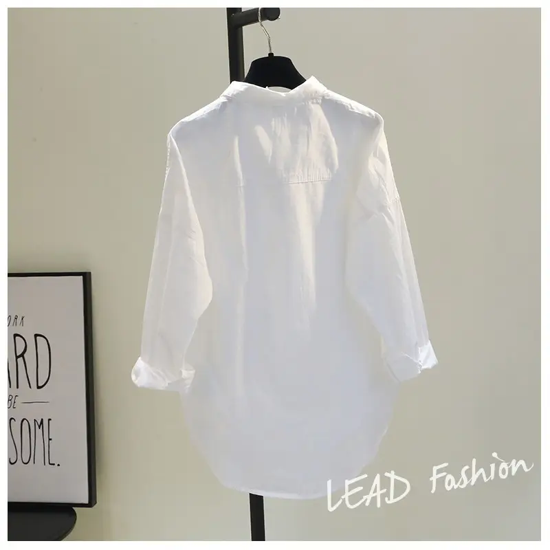 White Korean Style Women's Long Back Shirt with Double Pocket — feature 10