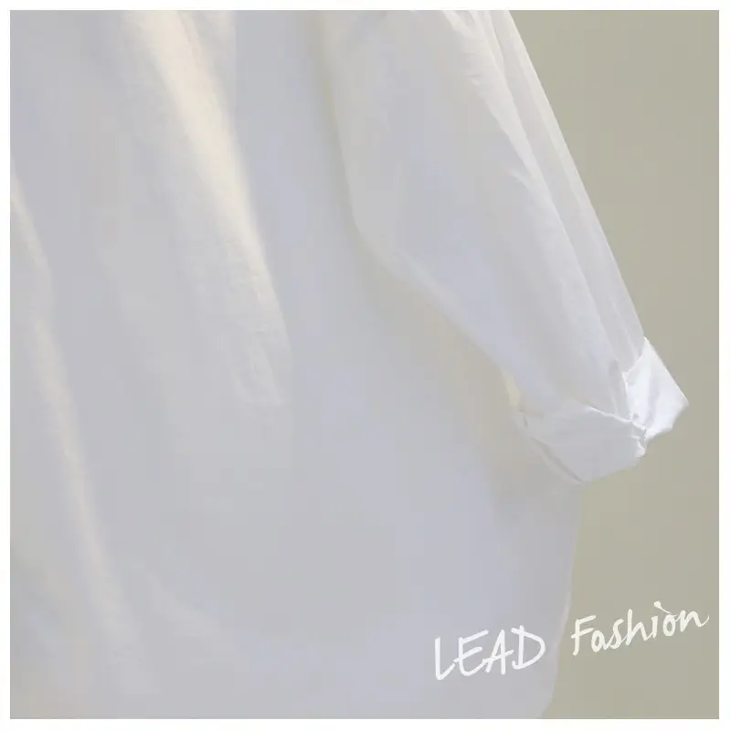 White Korean Style Women's Long Back Shirt with Double Pocket — feature 11