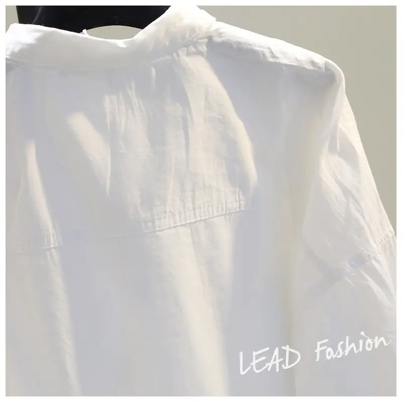 White Korean Style Women's Long Back Shirt with Double Pocket — feature 12