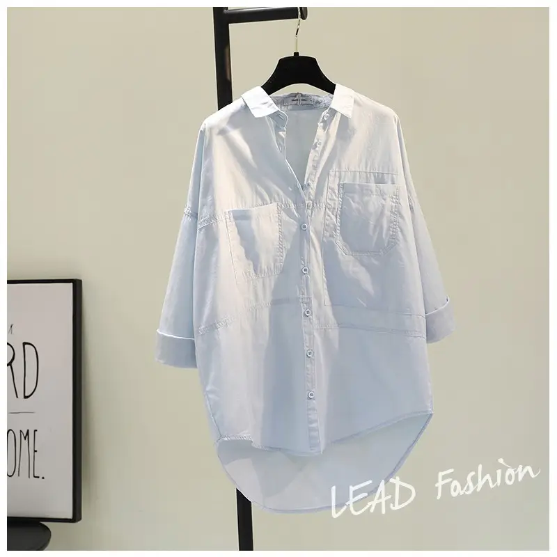 White Korean Style Women's Long Back Shirt with Double Pocket — feature 13