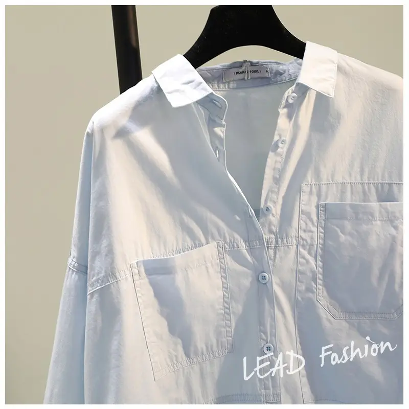 White Korean Style Women's Long Back Shirt with Double Pocket — feature 14