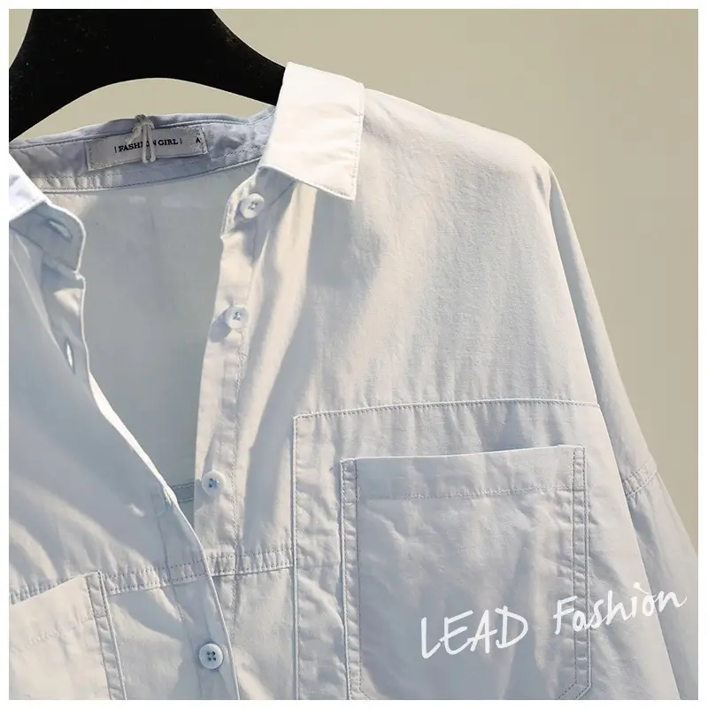 White Korean Style Women's Long Back Shirt with Double Pocket — feature 15