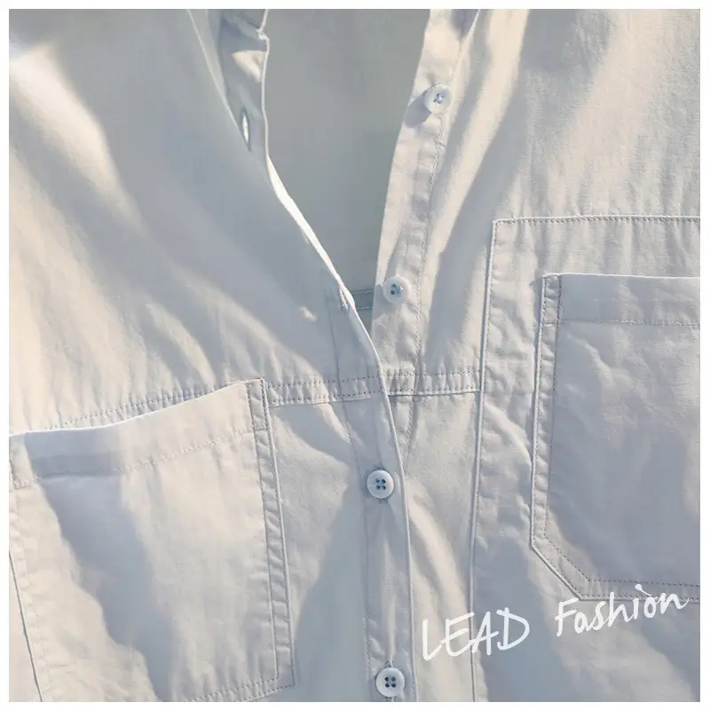 White Korean Style Women's Long Back Shirt with Double Pocket — feature 16