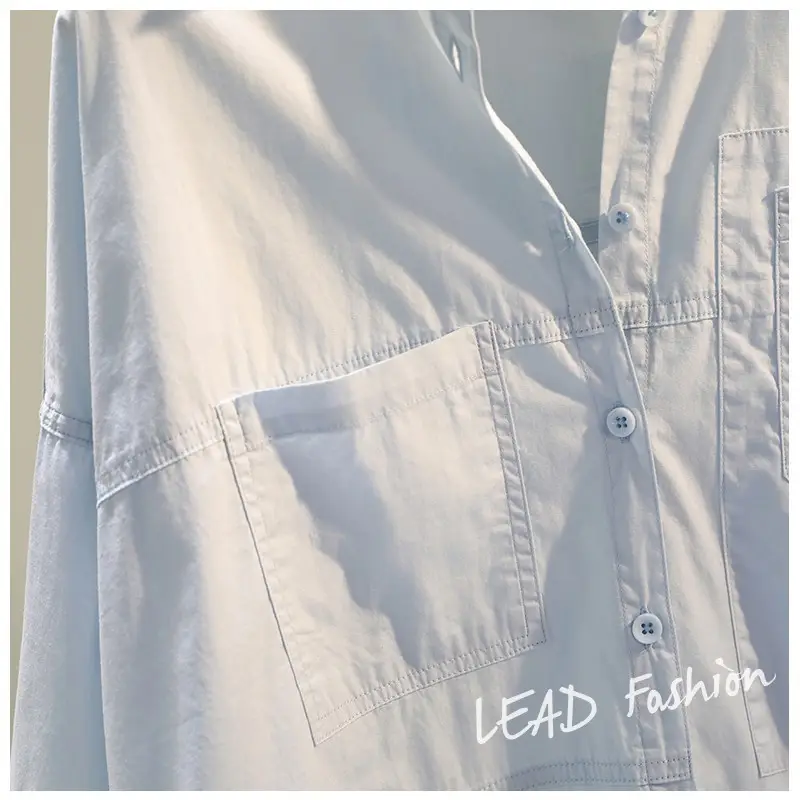 White Korean Style Women's Long Back Shirt with Double Pocket — feature 17