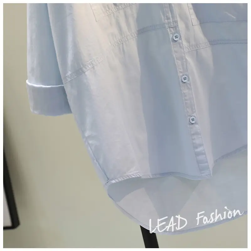 White Korean Style Women's Long Back Shirt with Double Pocket — feature 18