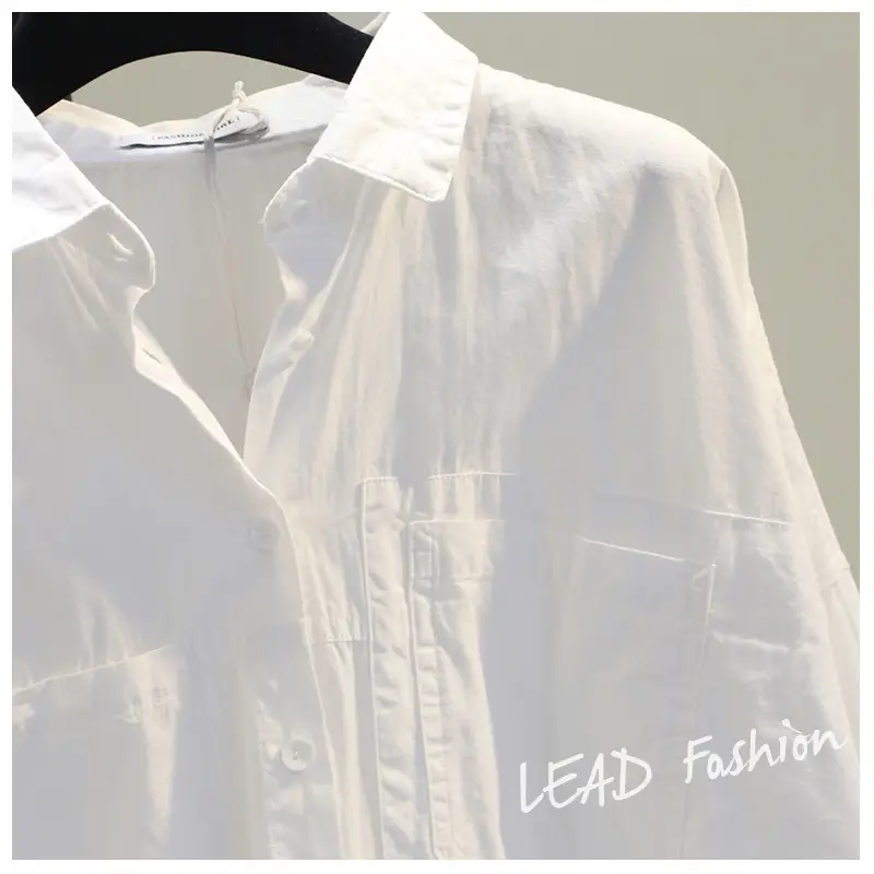 White Korean Style Women's Long Back Shirt with Double Pocket — feature 2