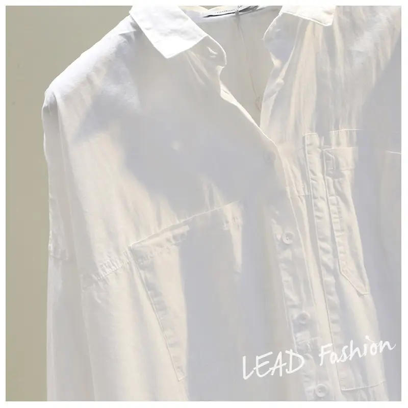 White Korean Style Women's Long Back Shirt with Double Pocket — feature 4