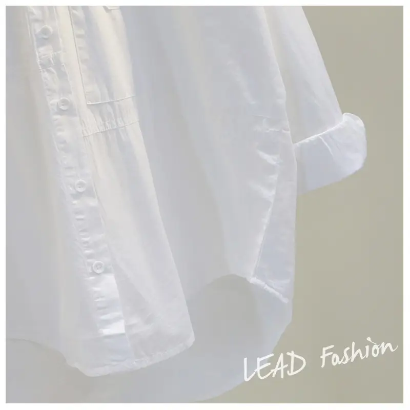 White Korean Style Women's Long Back Shirt with Double Pocket — feature 5