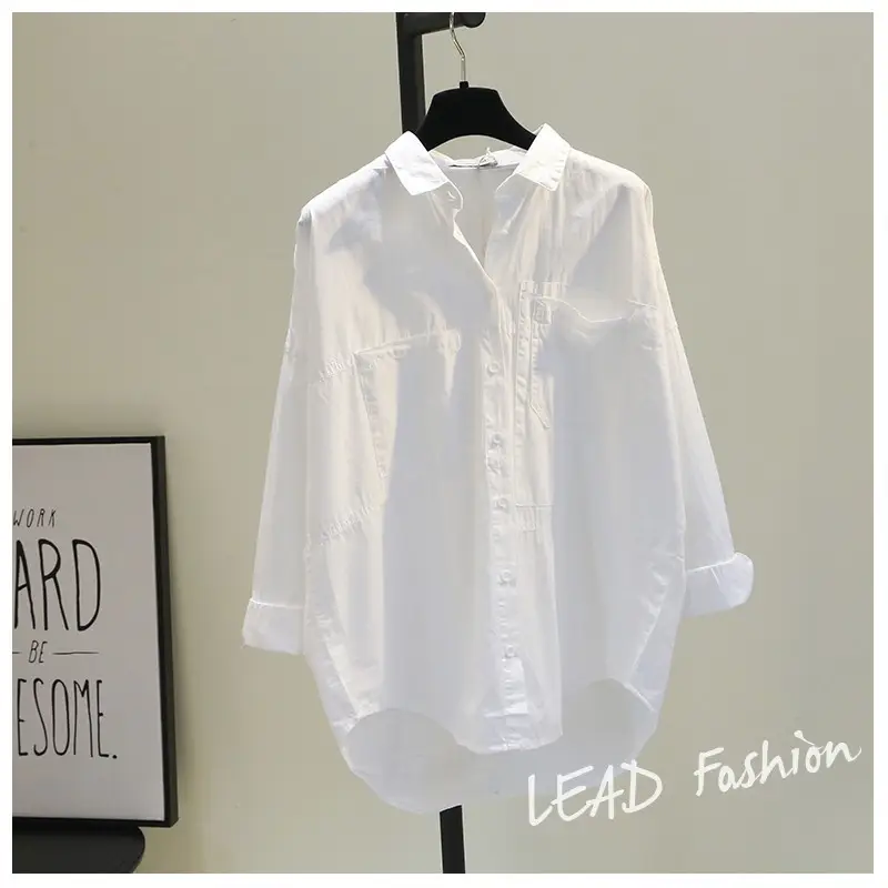 White Korean Style Women's Long Back Shirt with Double Pocket — feature 6
