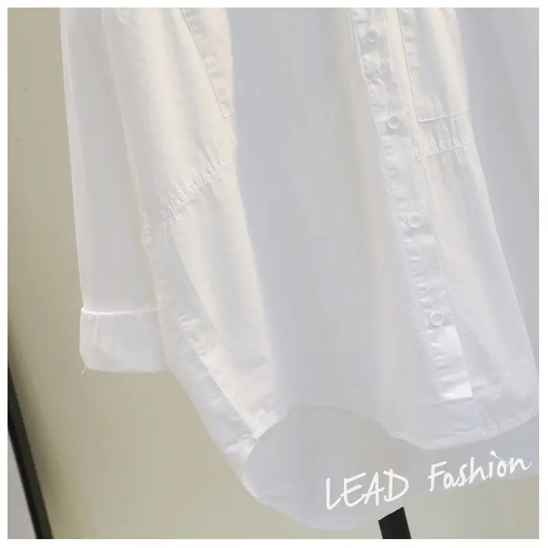 White Korean Style Women's Long Back Shirt with Double Pocket — feature 7