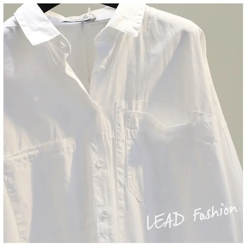 White Korean Style Women's Long Back Shirt with Double Pocket — feature 8