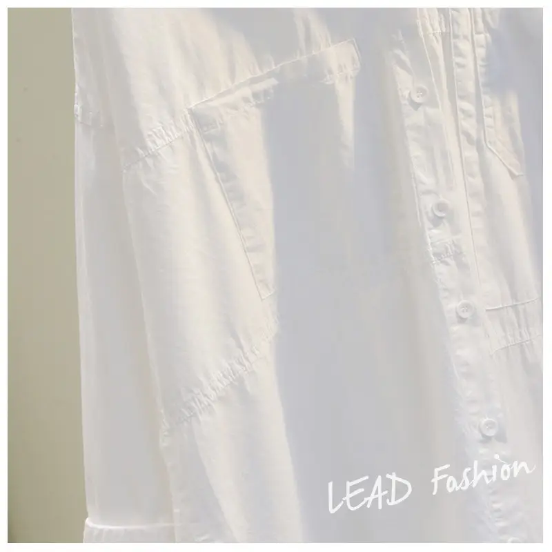 White Korean Style Women's Long Back Shirt with Double Pocket — feature 9